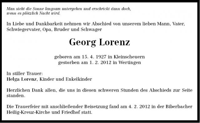 Lorenz Georg 1927-2012 Todesanzeige